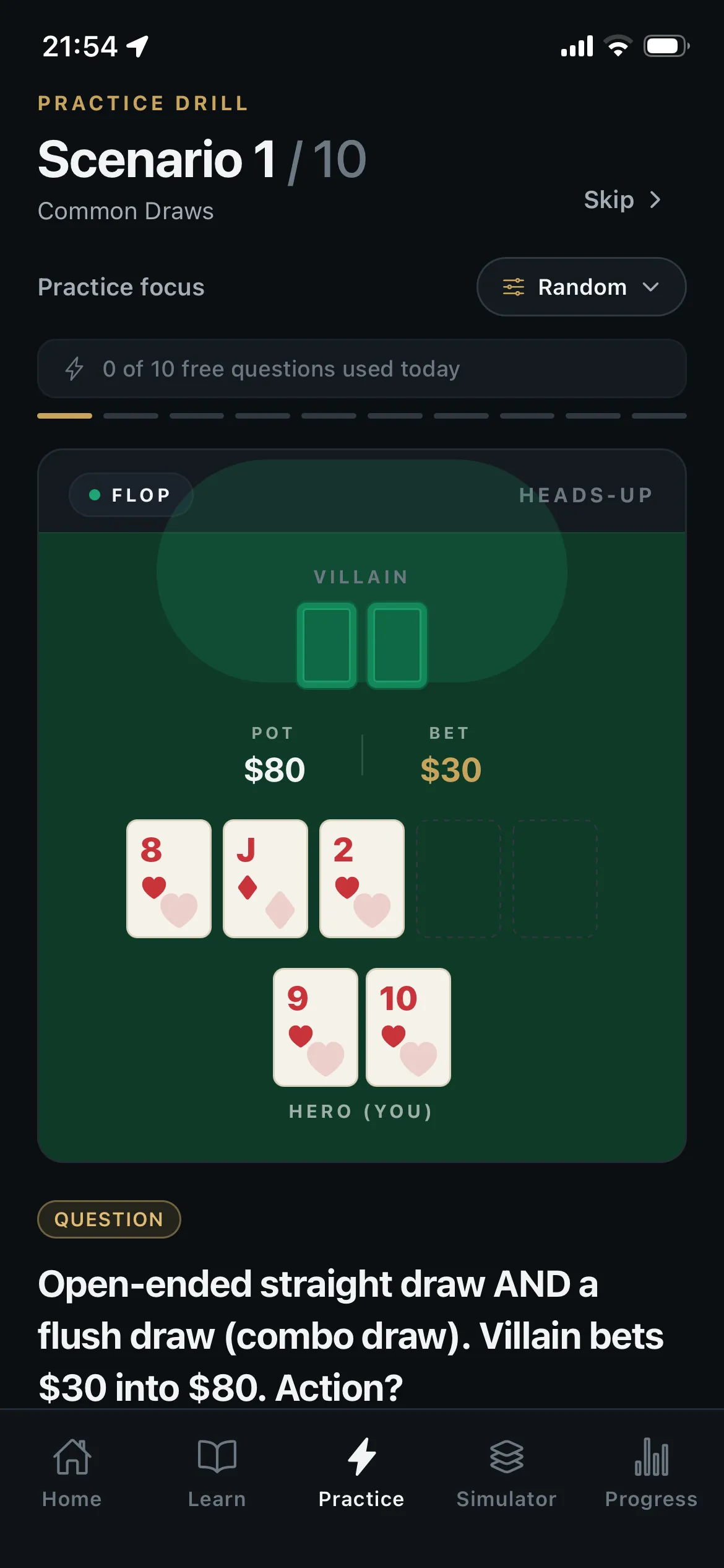 Practice drill — a heads-up scenario on the felt with a decision to make